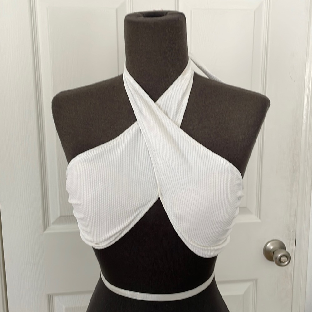 White halter cross bathing suit top